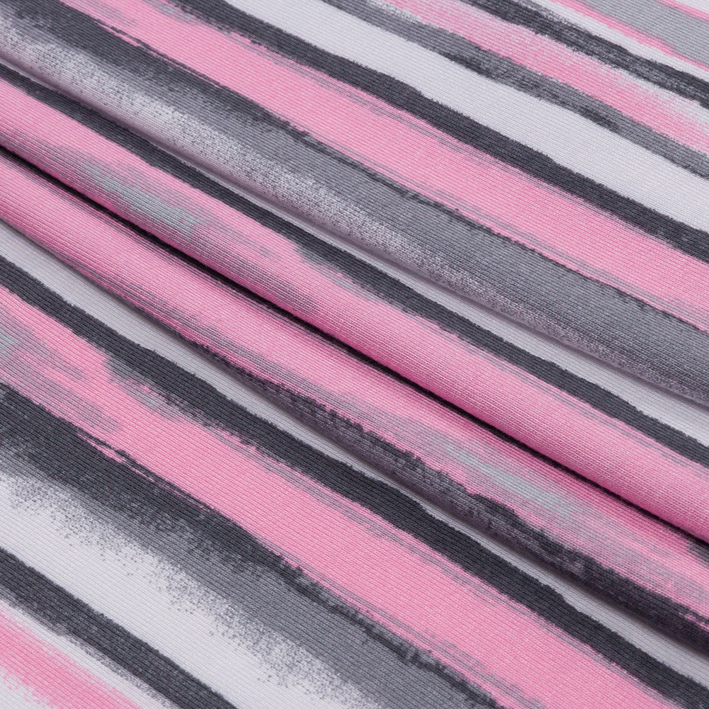 Pink, Gray and White Painterly Stripes Stretch Rayon Jersey Folded
