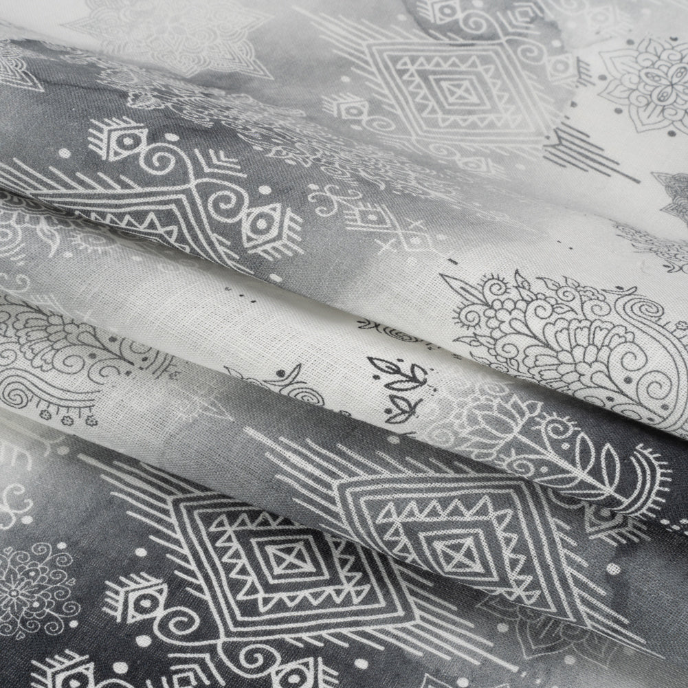 Black, Gray and White Diamonds and Flowers Lightweight Linen Woven - Folded