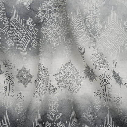 Black, Gray and White Diamonds and Flowers Lightweight Linen Woven