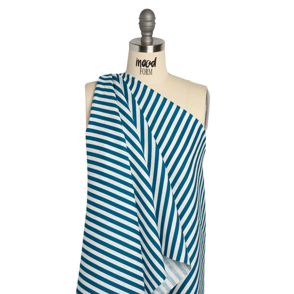 Medium Weight Linen Woven - Teal Stripes - Lydia Collection - Drape