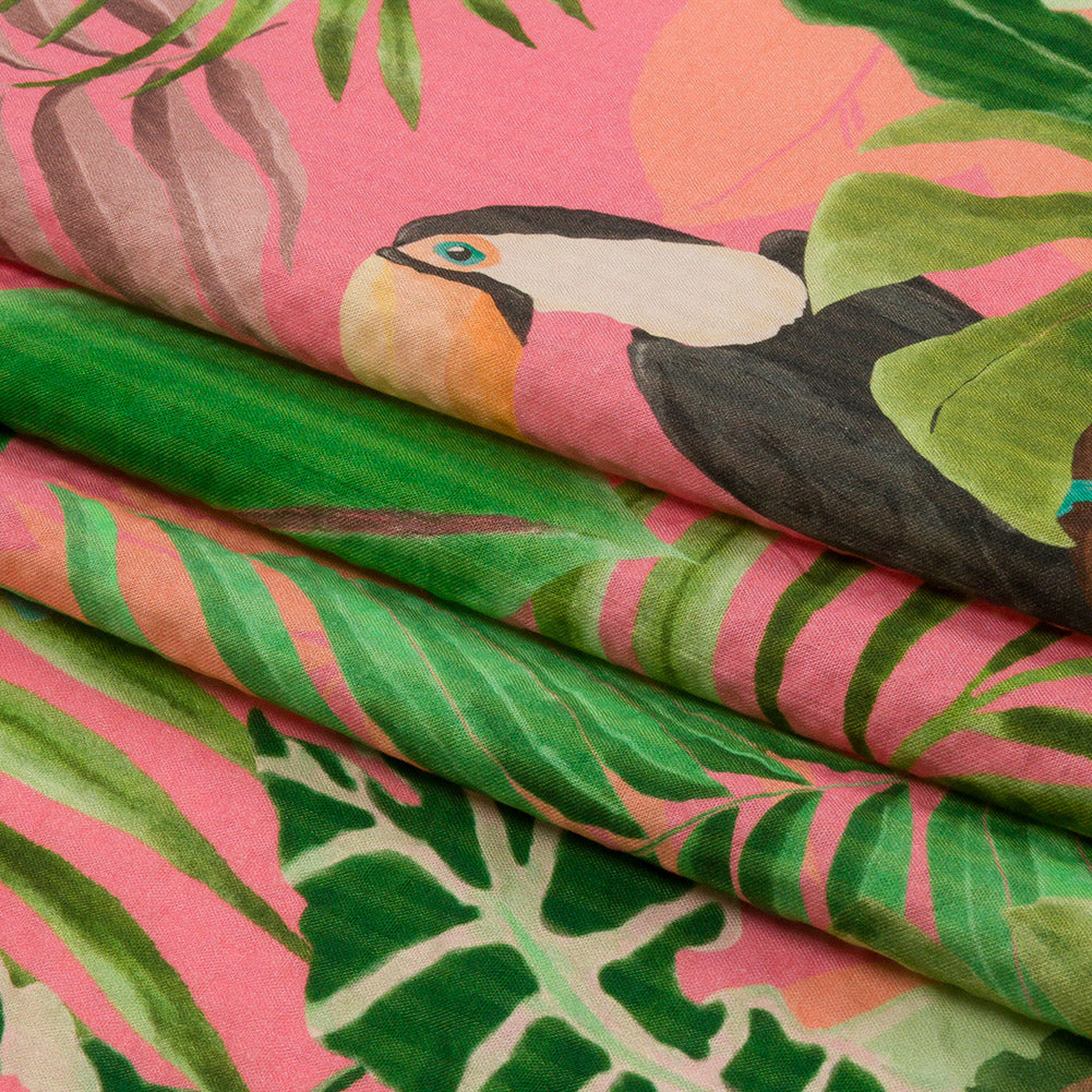 Cotton and Viscose Striped Seersucker Print - Pink Birds and Leaves - Mood Exclusive Birds of Paradise Folded