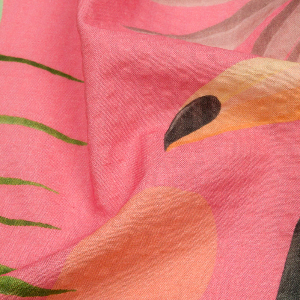 Cotton and Viscose Striped Seersucker Print - Pink Birds and Leaves - Mood Exclusive Birds of Paradise Detail