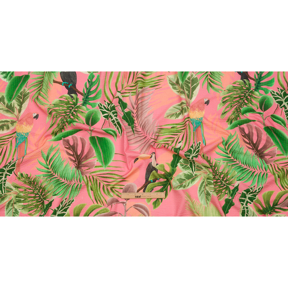 Cotton and Viscose Striped Seersucker Print - Pink Birds and Leaves - Mood Exclusive Birds of Paradise Full