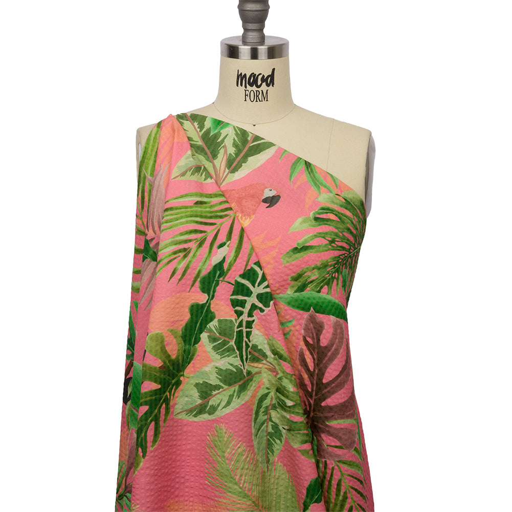 Cotton and Viscose Striped Seersucker Print - Pink Birds and Leaves - Mood Exclusive Birds of Paradise Drape