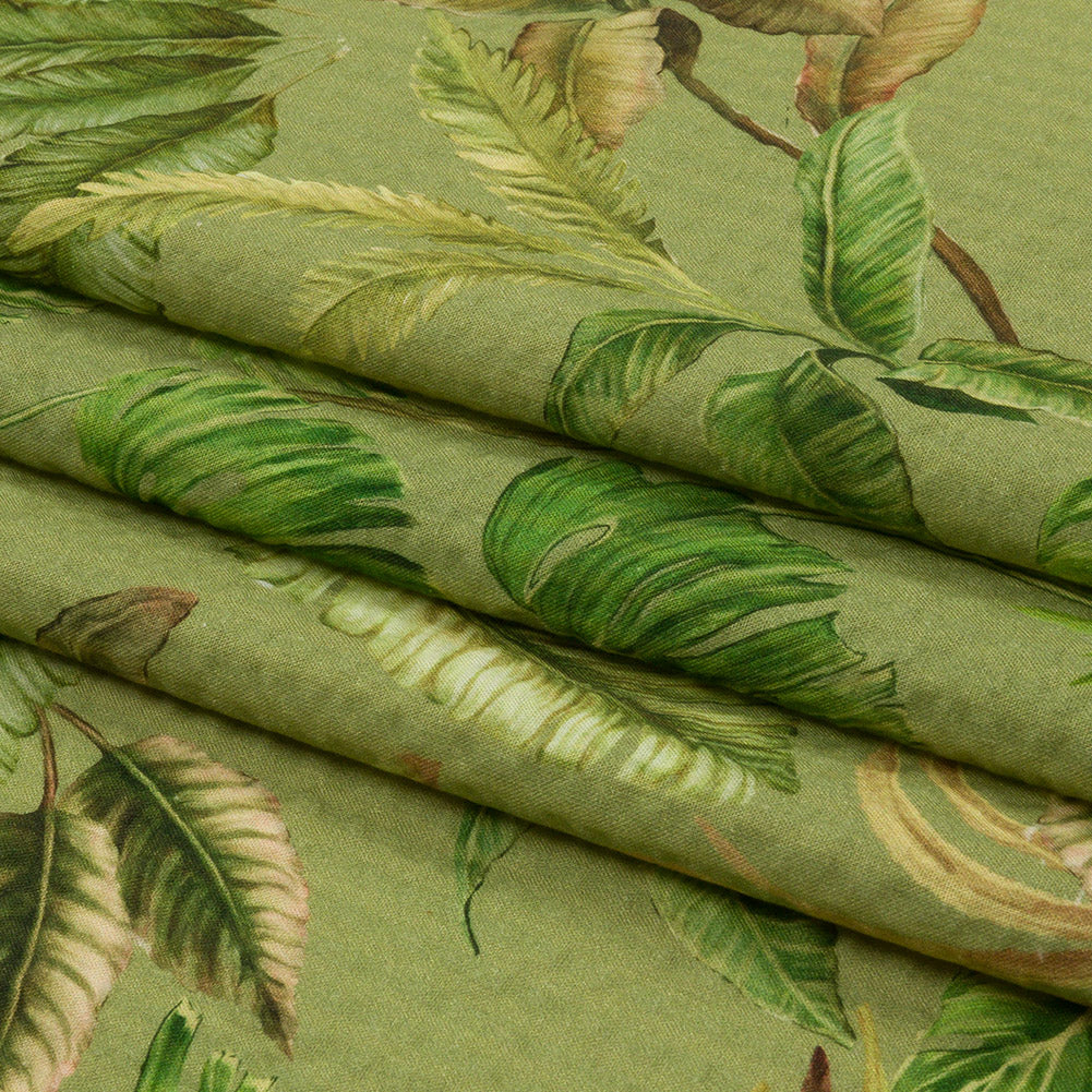 Cotton and Viscose Striped Seersucker Print - Green Leaves - Mood Exclusive Tropic Royale Folded