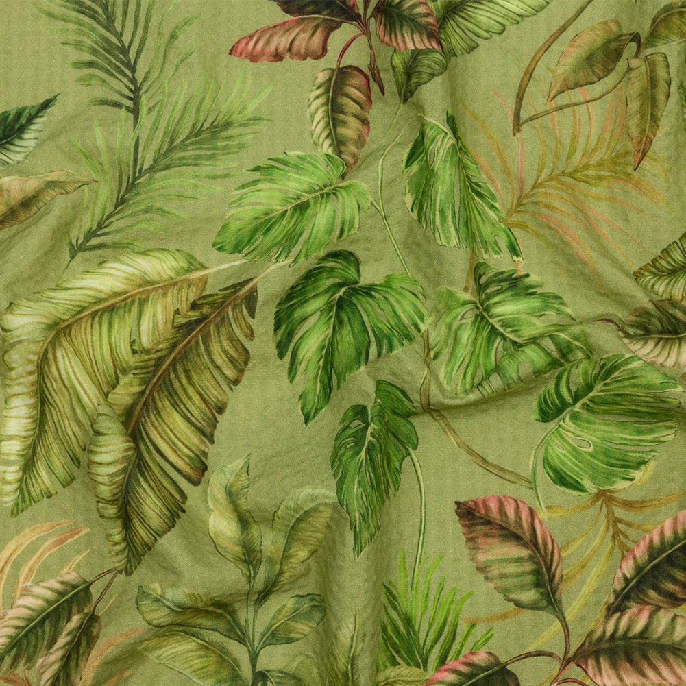 Cotton and Viscose Striped Seersucker Print - Green Leaves - Mood Exclusive Tropic Royale