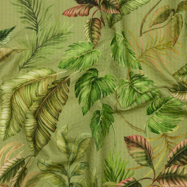 Cotton and Viscose Striped Seersucker Print - Green Leaves - Mood Exclusive Tropic Royale