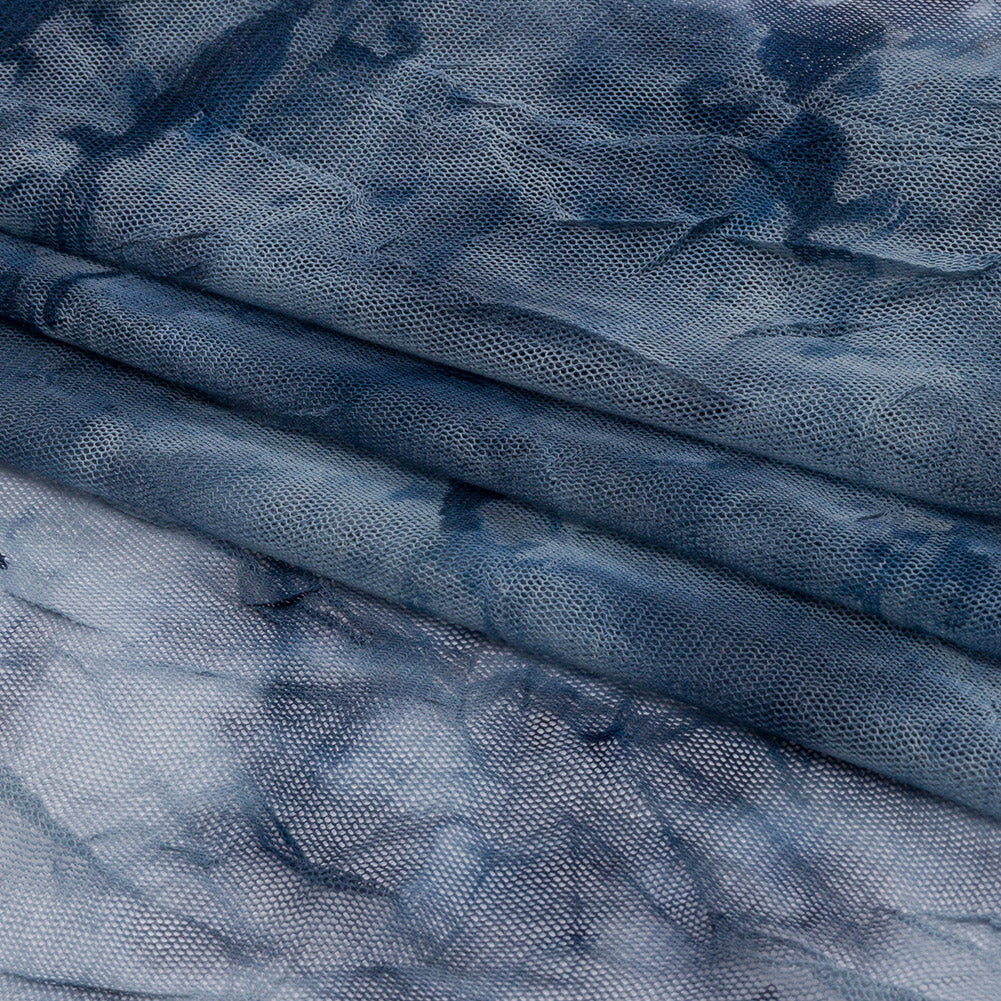 Indigo Tie Dye Crinkled Polyester Stretch Tulle Folded