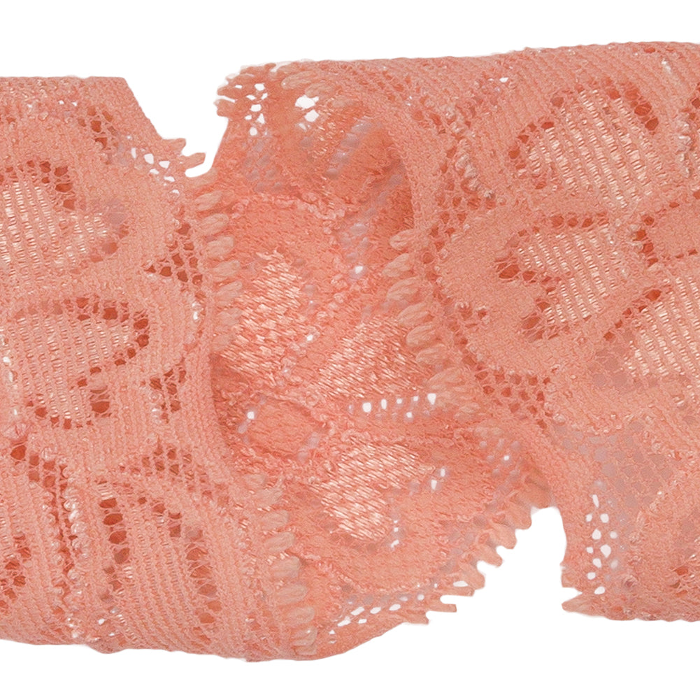 Famous NYC Designer Salmon Floral Stretch Re-Embroidered Lace Trim - 1.5" Detail