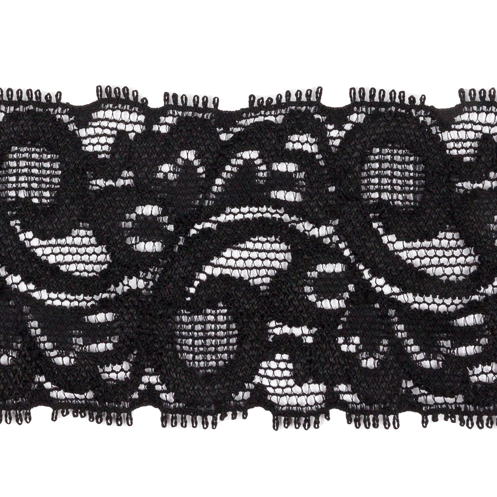 Famous NYC Designer Black Swirls and Leaves Stretch Lace Trim - 1.75" Detail
