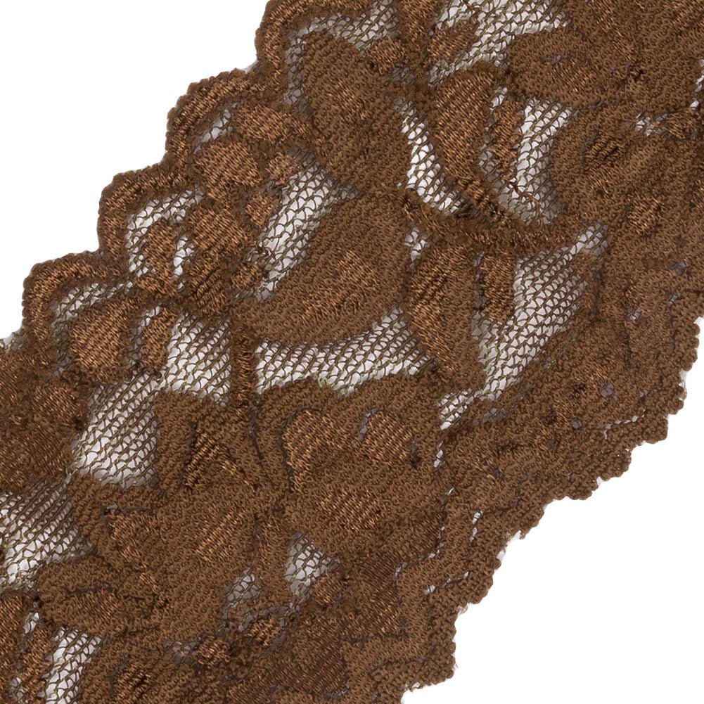 Famous NYC Designer Olive Brown Floral Stretch Lace Trim with Scalloped Edges - 2.375" Detail