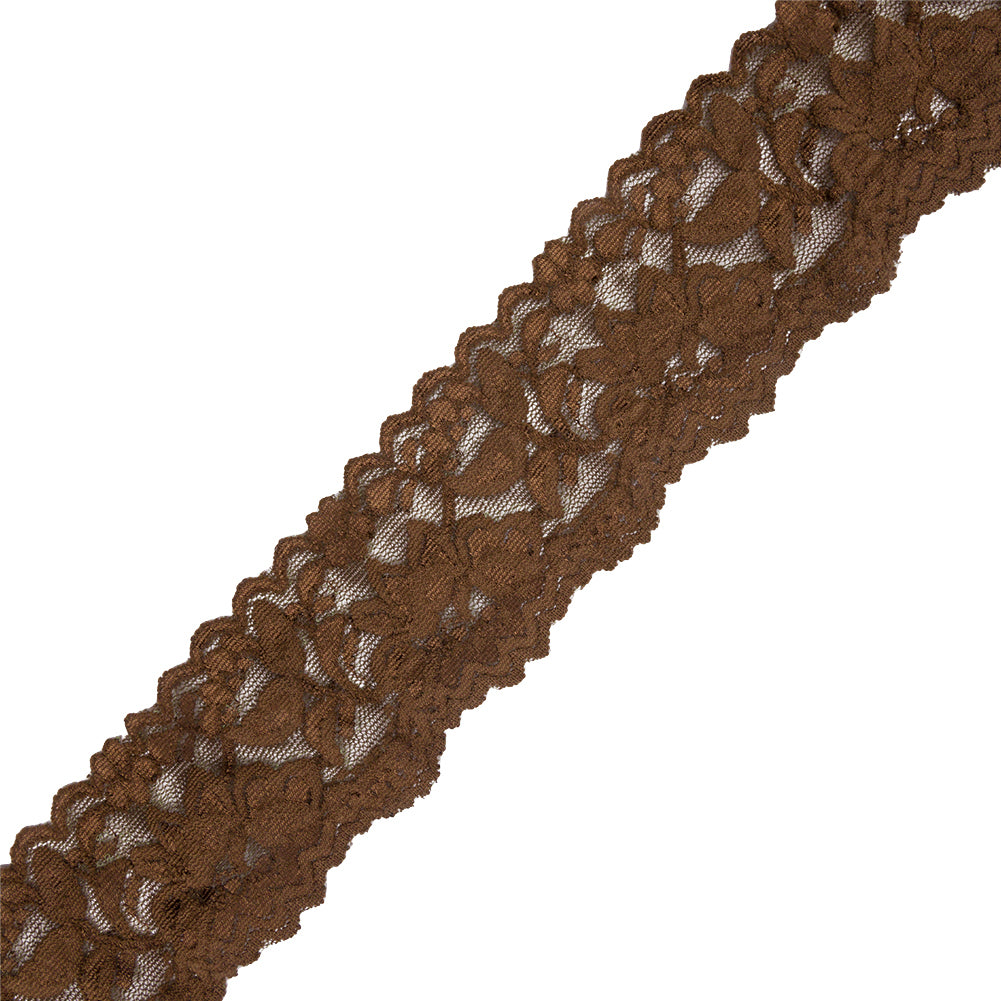 Famous NYC Designer Olive Brown Floral Stretch Lace Trim with Scalloped Edges - 2.375"