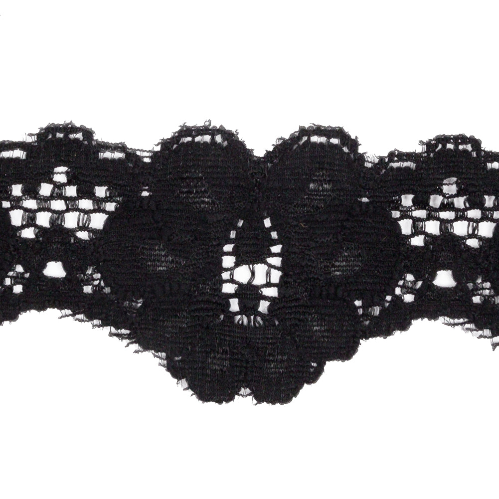Famous NYC Designer Black Floral Scallops Stretch Re-Embroidered Lace Trim - 1.625" Detail