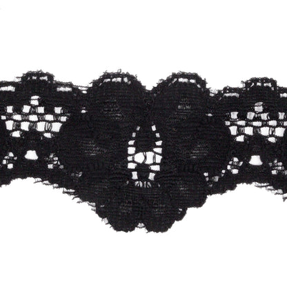 Famous NYC Designer Black Floral Scallops Stretch Re-Embroidered Lace Trim - 1.625" Detail
