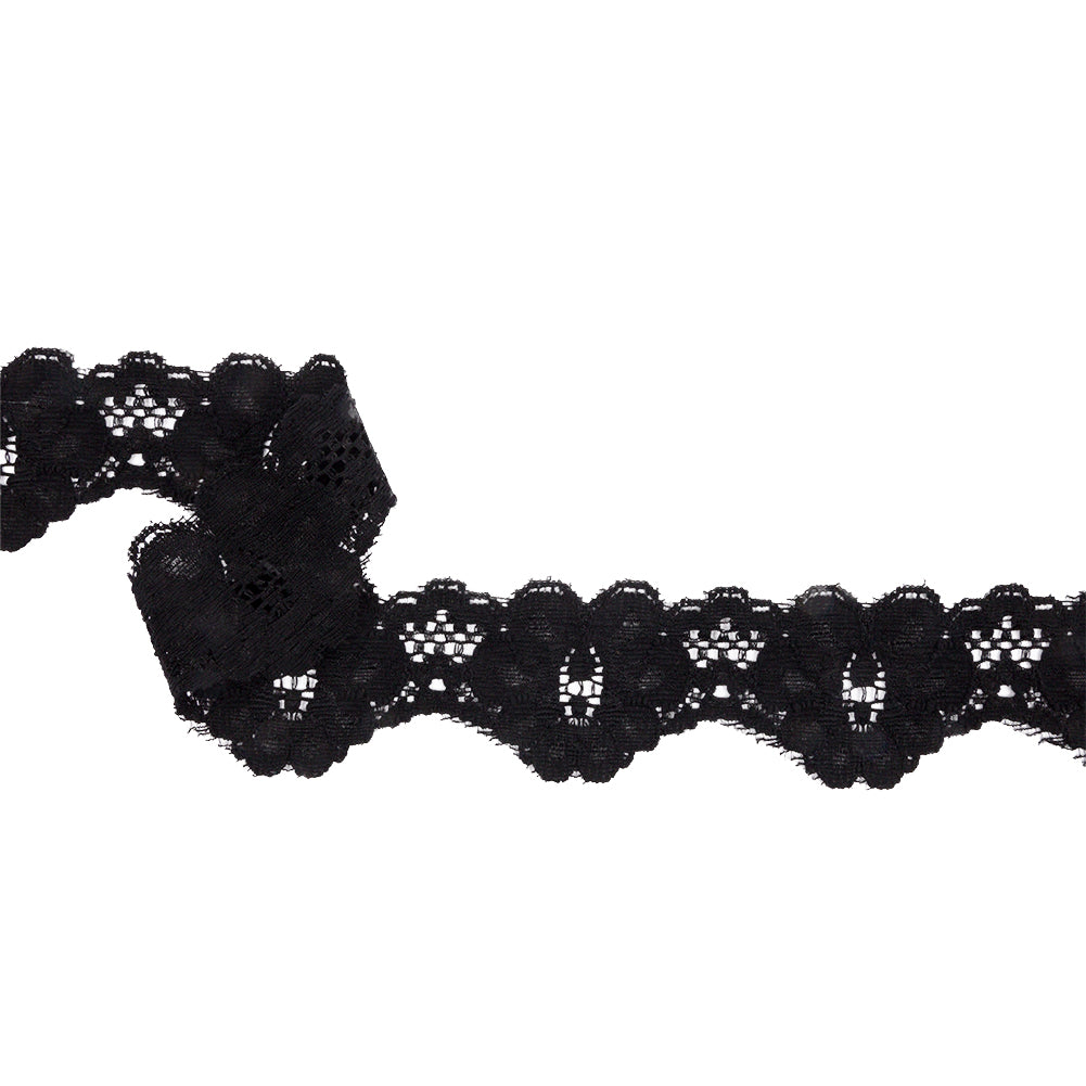 Famous NYC Designer Black Floral Scallops Stretch Re-Embroidered Lace Trim - 1.625"