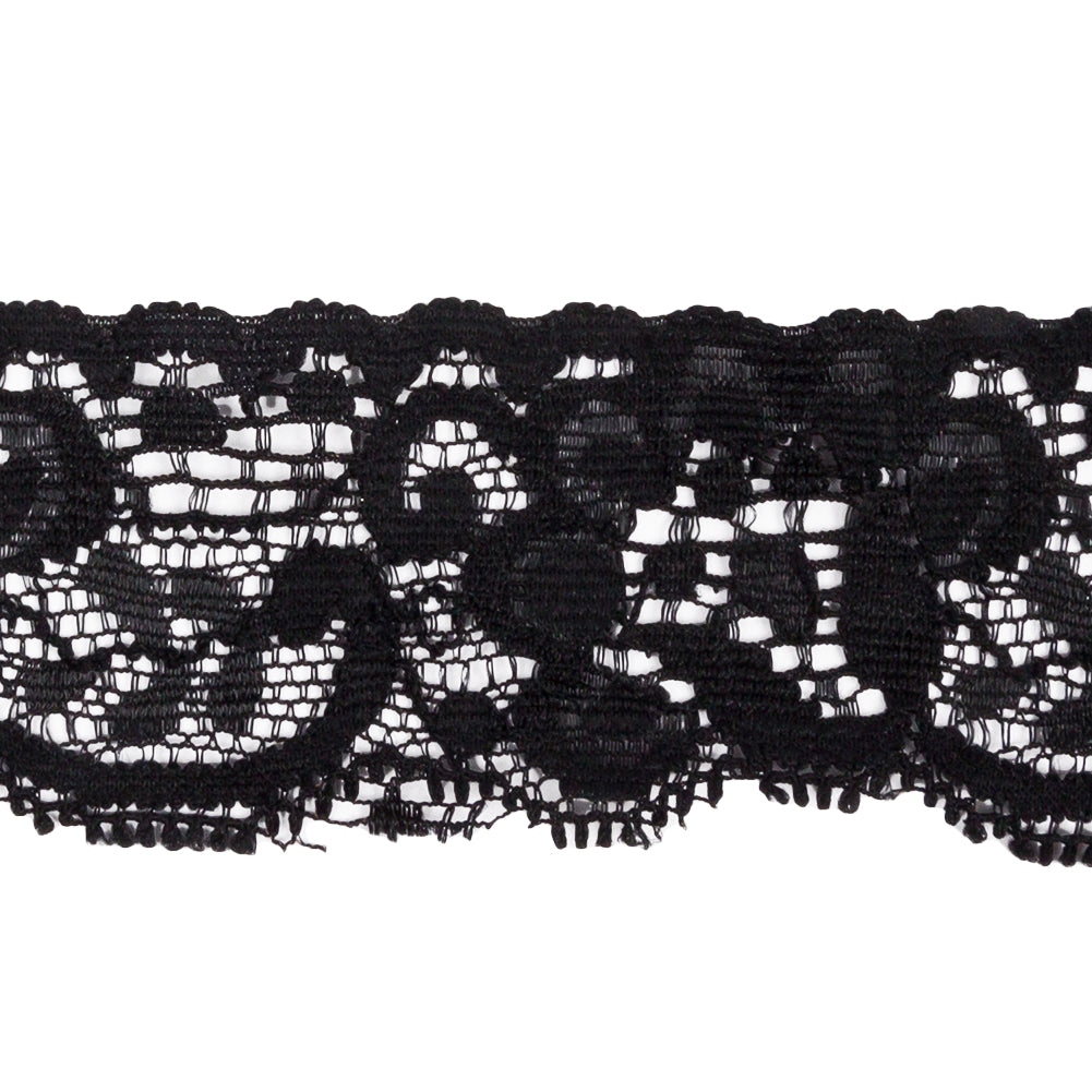 Famous NYC Designer Black Flowers and Swirls Scalloped Stretch Re-Embroidered Lace Trim - 1.375" Detail