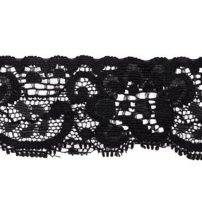 Famous NYC Designer Black Flowers and Swirls Scalloped Stretch Re-Embroidered Lace Trim - 1.375" Detail