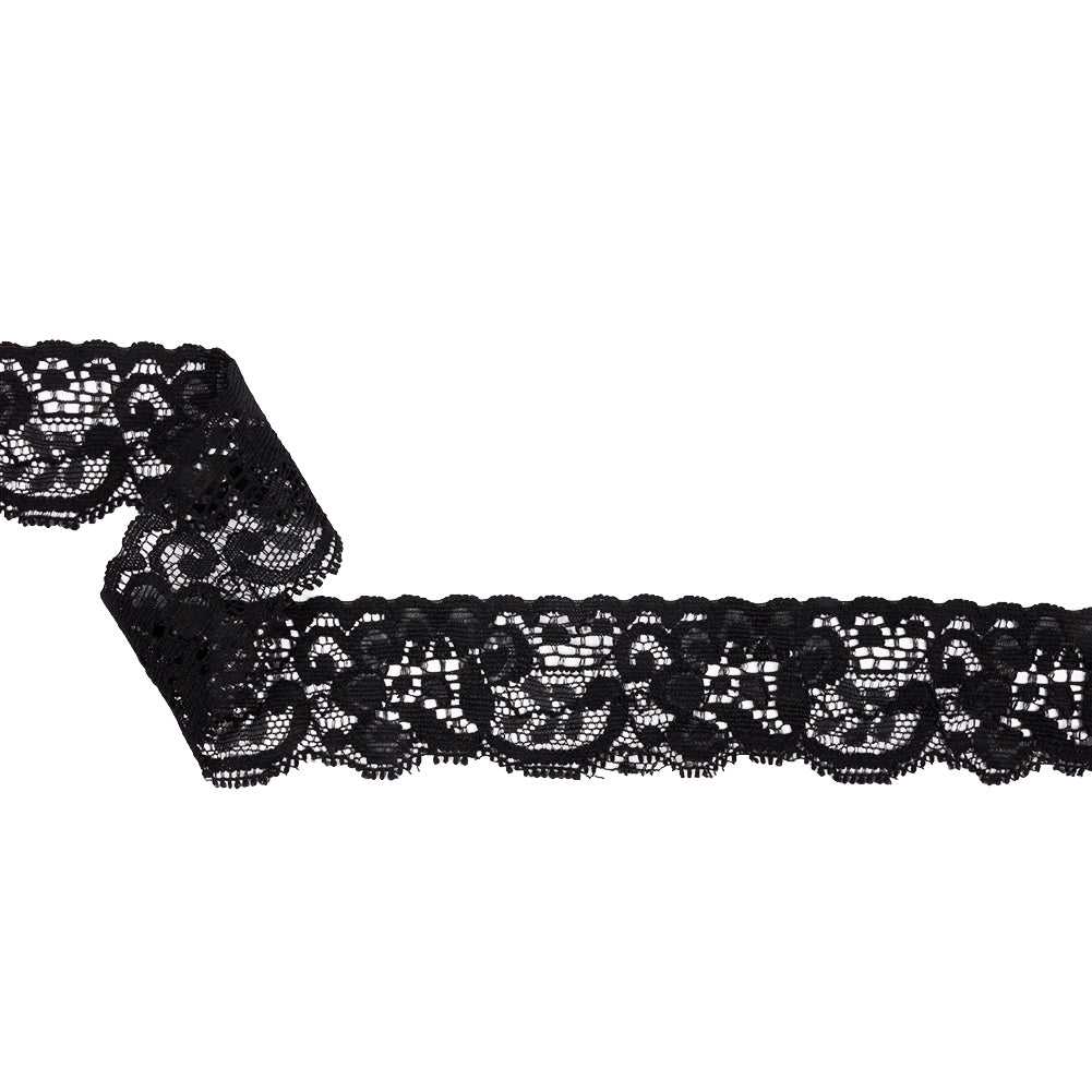 Famous NYC Designer Black Flowers and Swirls Scalloped Stretch Re-Embroidered Lace Trim - 1.375"