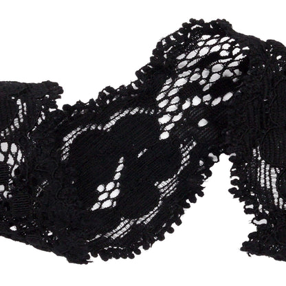 Black Floral and Scalloped Stretch Corded Lace Trim - 1.25" Detail