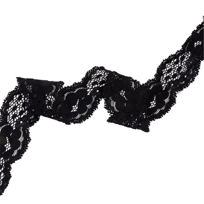 Black Floral and Scalloped Stretch Corded Lace Trim - 1.25"