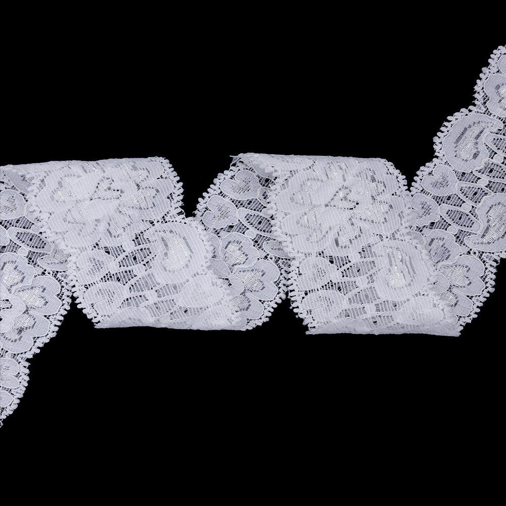 Famous NYC Designer White Floral Scalloped Stretch Corded Lace Trim - 1.625"