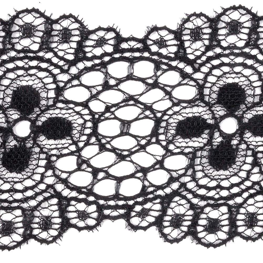 Black Flowers and Medallions Scalloped Lace Trim - 2.5" Detail