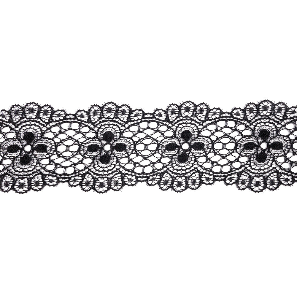 Black Flowers and Medallions Scalloped Lace Trim - 2.5"