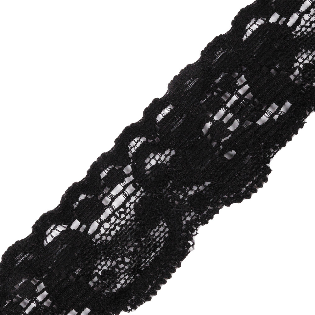 Black Floral Stretch Lace Trim - 1.25" Detail
