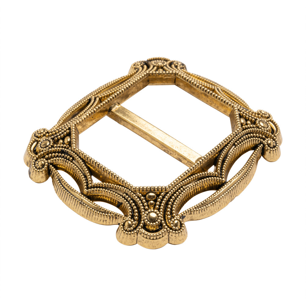Famous NYC Designer Antique Gold Metallic Filigree Plastic Slider Buckle 2.5" x 2.125" Folded