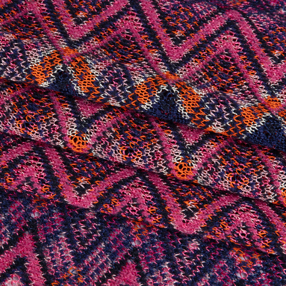 Trina Turk Pink, Navy and Orange Textured Zig Zags Viscose and Polyester Sweater Knit Folded