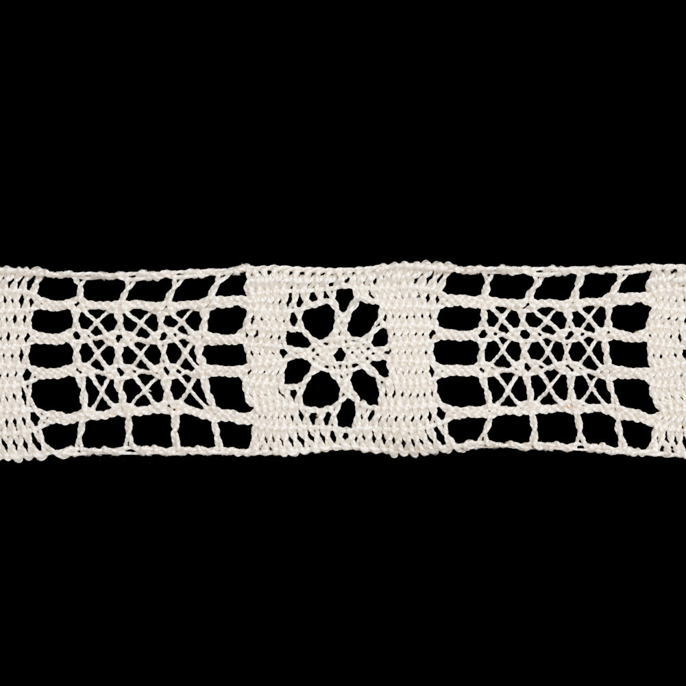 French Off White Flower and Lattice Squares Cotton Cluny Lace Trim - 1.25" Folded