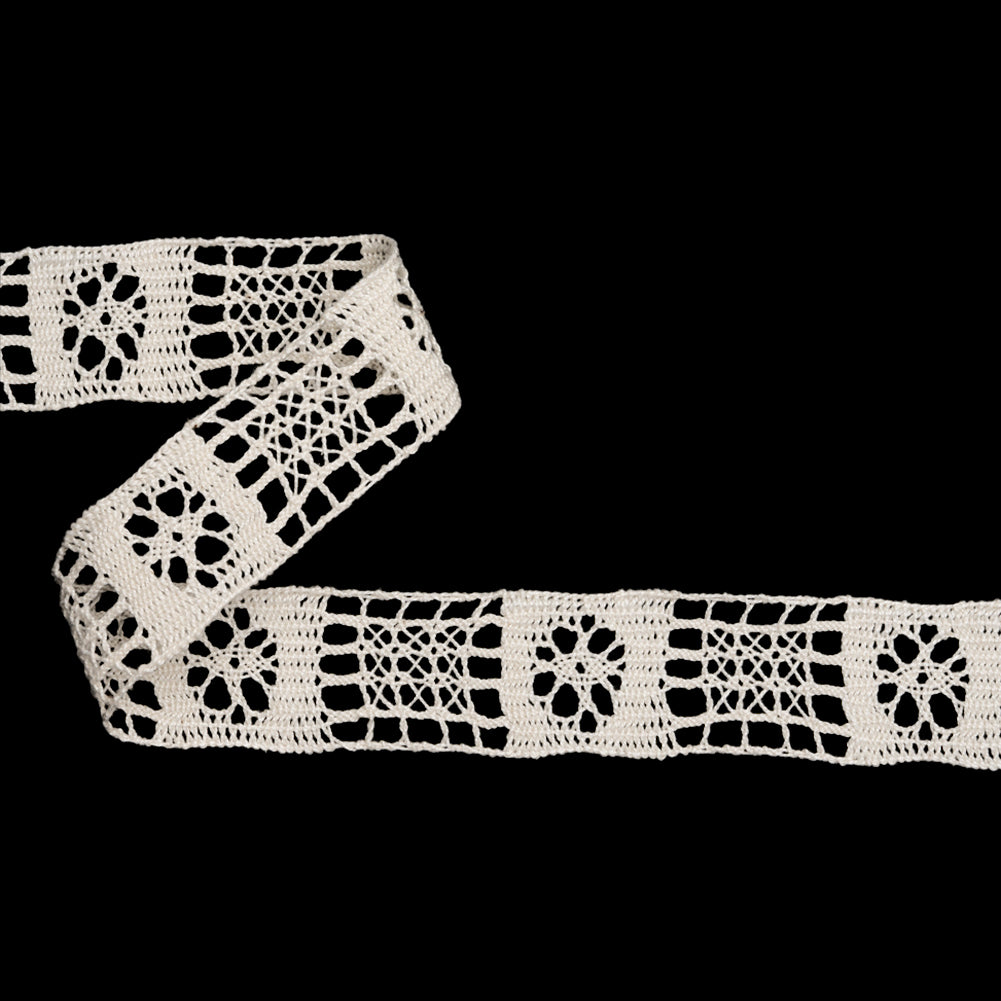 French Off White Flower and Lattice Squares Cotton Cluny Lace Trim - 1.25"