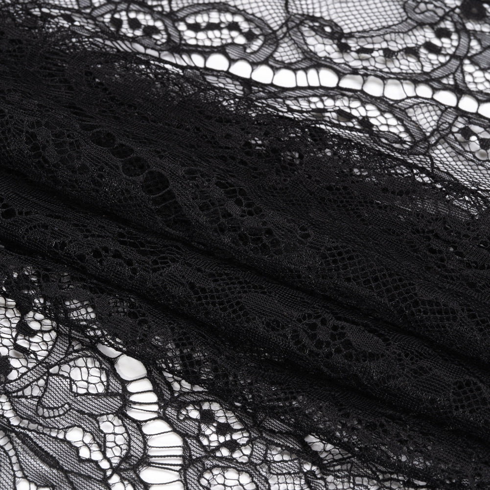 Black Floral Scalloped Re-Embroidered Lace Trim with Eyelash Fringe - 11.25" Folded