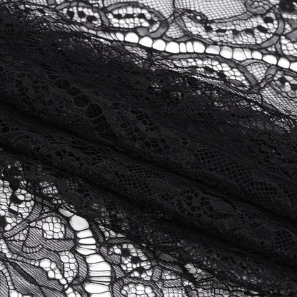 Black Floral Scalloped Re-Embroidered Lace Trim with Eyelash Fringe - 11.25" Folded