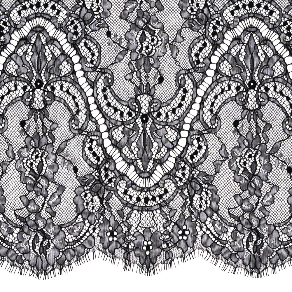 Black Floral Scalloped Re-Embroidered Lace Trim with Eyelash Fringe - 11.25" Detail
