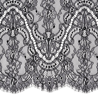 Black Floral Scalloped Re-Embroidered Lace Trim with Eyelash Fringe - 11.25" Detail
