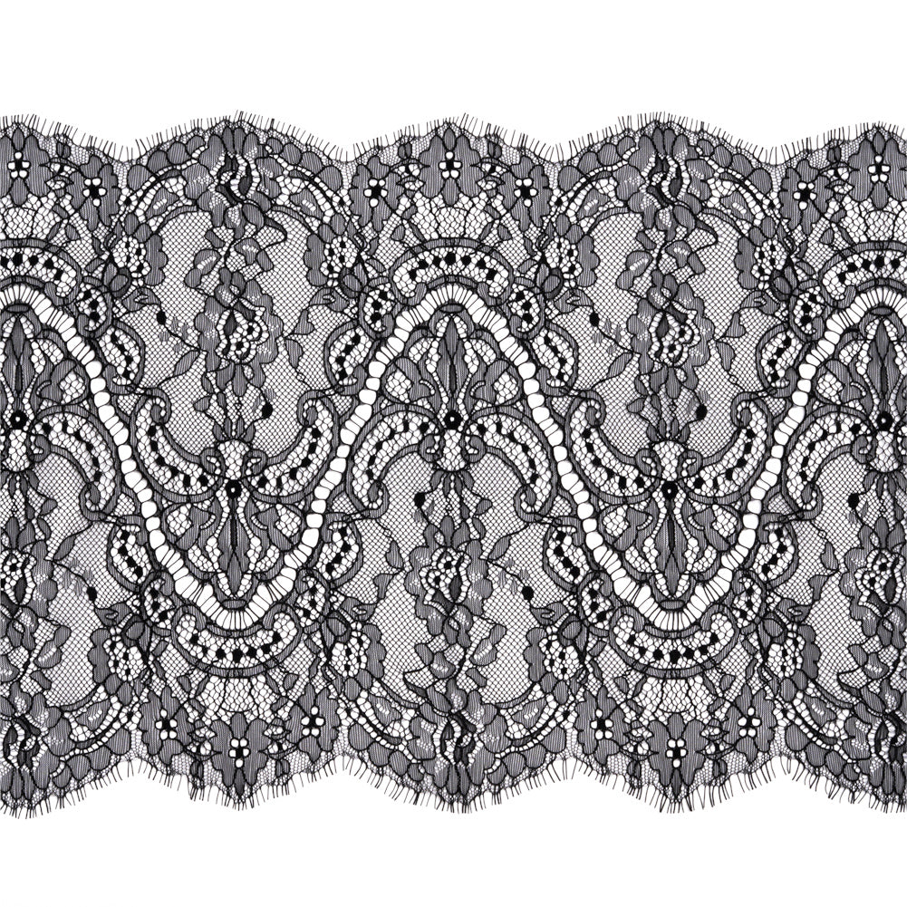 Black Floral Scalloped Re-Embroidered Lace Trim with Eyelash Fringe - 11.25"