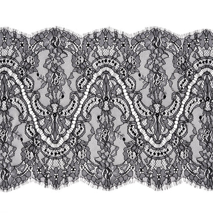 Black Floral Scalloped Re-Embroidered Lace Trim with Eyelash Fringe - 11.25"