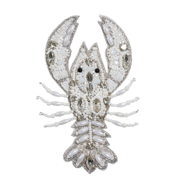 White and Silver Lobster Rhinestone and Glass Beaded Applique - 4.25" x 2.75"