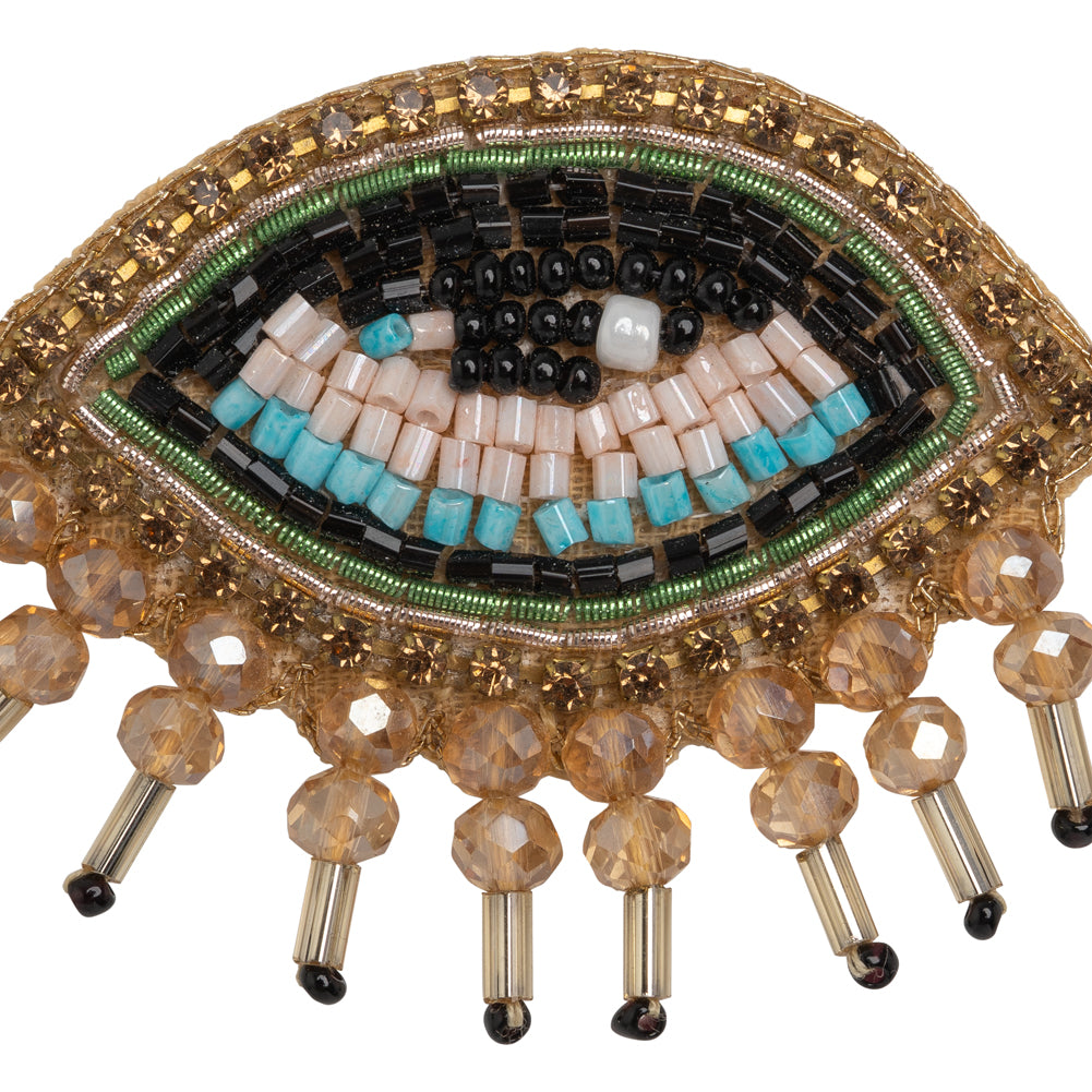 Gold, Green and Aqua Glam Eye with Lashes Glass Beaded Applique - 1.5" x 1.875" Detail