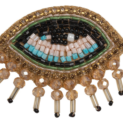 Gold, Green and Aqua Glam Eye with Lashes Glass Beaded Applique - 1.5" x 1.875" Detail