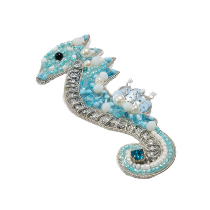 Aqua, Silver and White Baby Seahorse Sequins and Glass Beaded Applique - 3.125" x 1.375" Folded