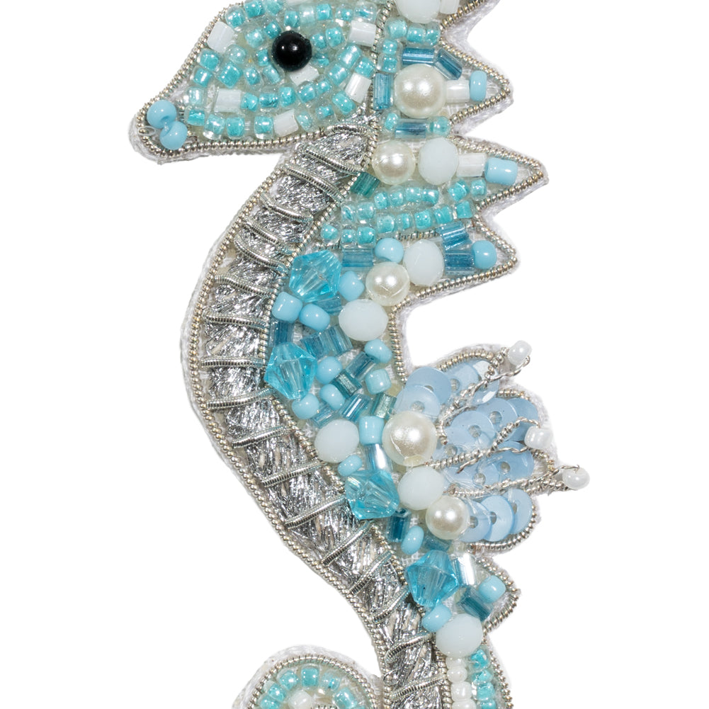 Aqua, Silver and White Baby Seahorse Sequins and Glass Beaded Applique - 3.125" x 1.375" Detail