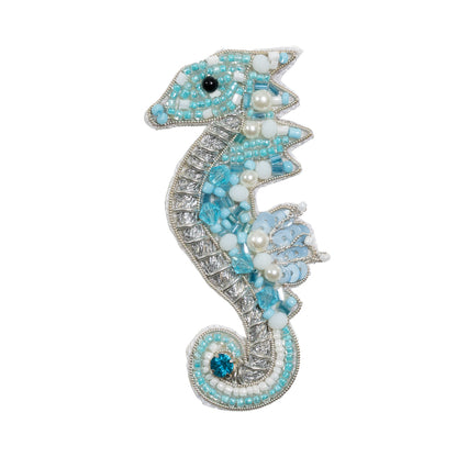 Aqua, Silver and White Baby Seahorse Sequins and Glass Beaded Applique - 3.125" x 1.375"