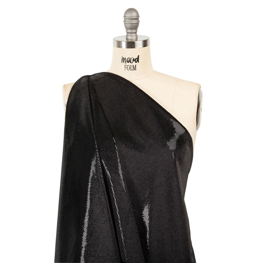 Stretch Polyester Velour with Crystal Foiled Polka Dots - Black - Drape