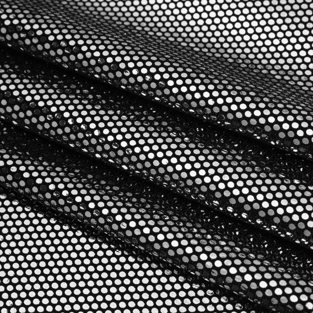 Stretch Polyester Velour with Crystal Foiled Polka Dots - Black and Silver - Folded