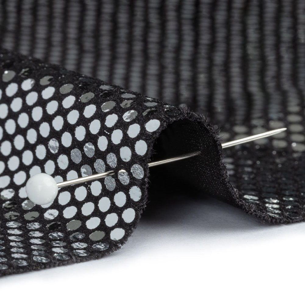 Stretch Polyester Velour with Crystal Foiled Polka Dots - Black and Silver - Detail