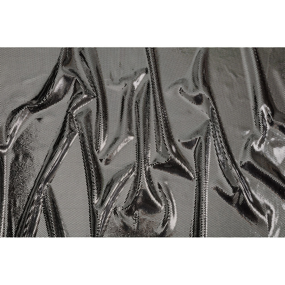 Stretch Polyester Velour with Crystal Foiled Polka Dots - Black and Silver - Full