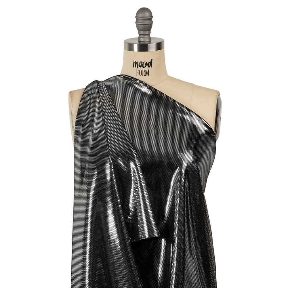Stretch Polyester Velour with Crystal Foiled Polka Dots - Black and Silver - Drape