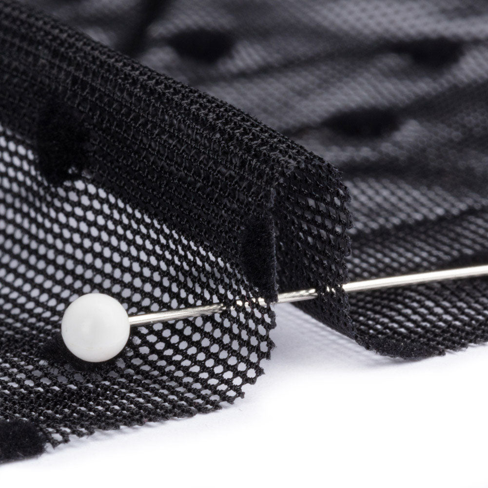 Black Flocked Polka Dots Stretch Nylon Mesh - Detail